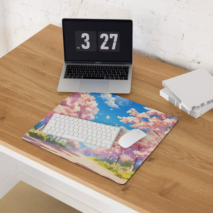Cherry Blossom Mouse Pad Pink Blue For Gaming Desk Non Slip Large Desk Mat With Premium Edge Stitching Serene Mood