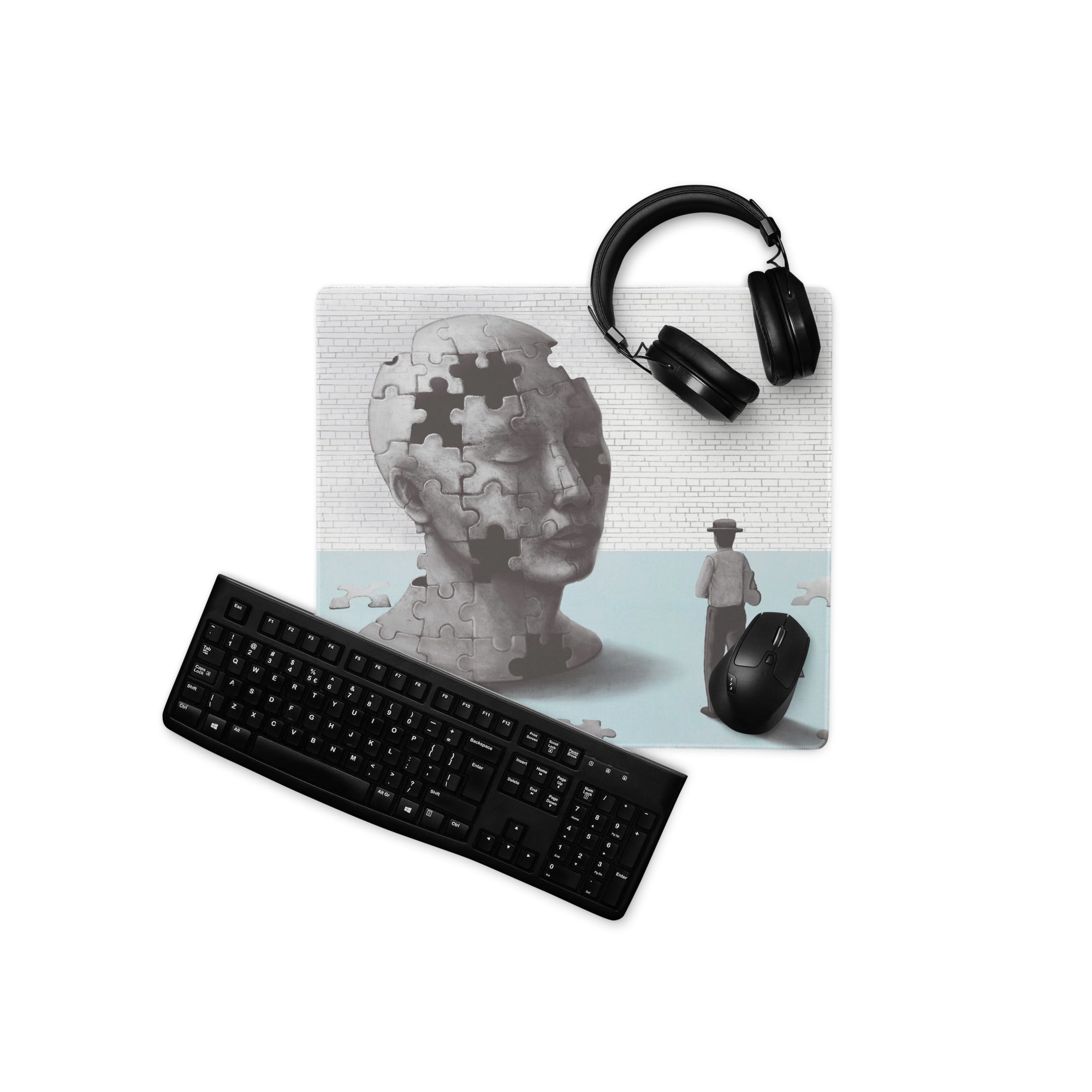 Puzzle Head Artwork Mouse Pad Gray Blue Moody Desk Accessory 36x18 Inch Modern Surreal Style