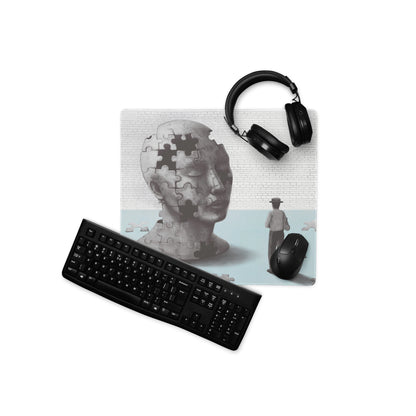 Puzzle Head Artwork Mouse Pad Gray Blue Moody Desk Accessory 36x18 Inch Modern Surreal Style