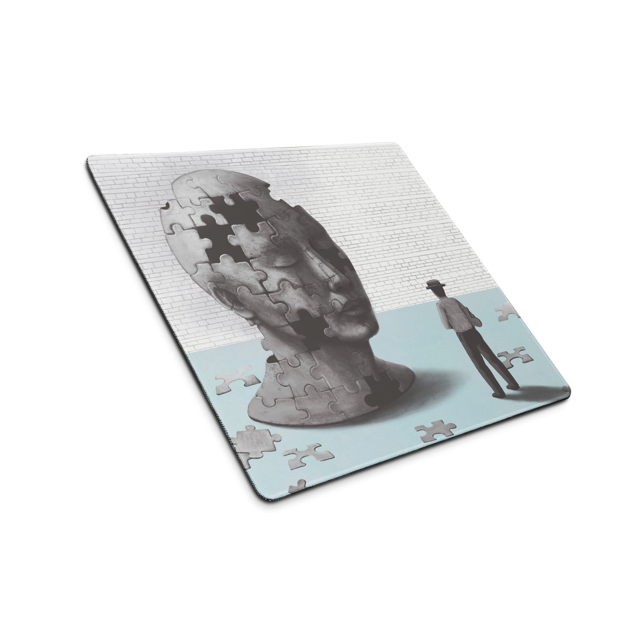 Puzzle Head Artwork Mouse Pad Gray Blue Moody Desk Accessory 36x18 Inch Modern Surreal Style
