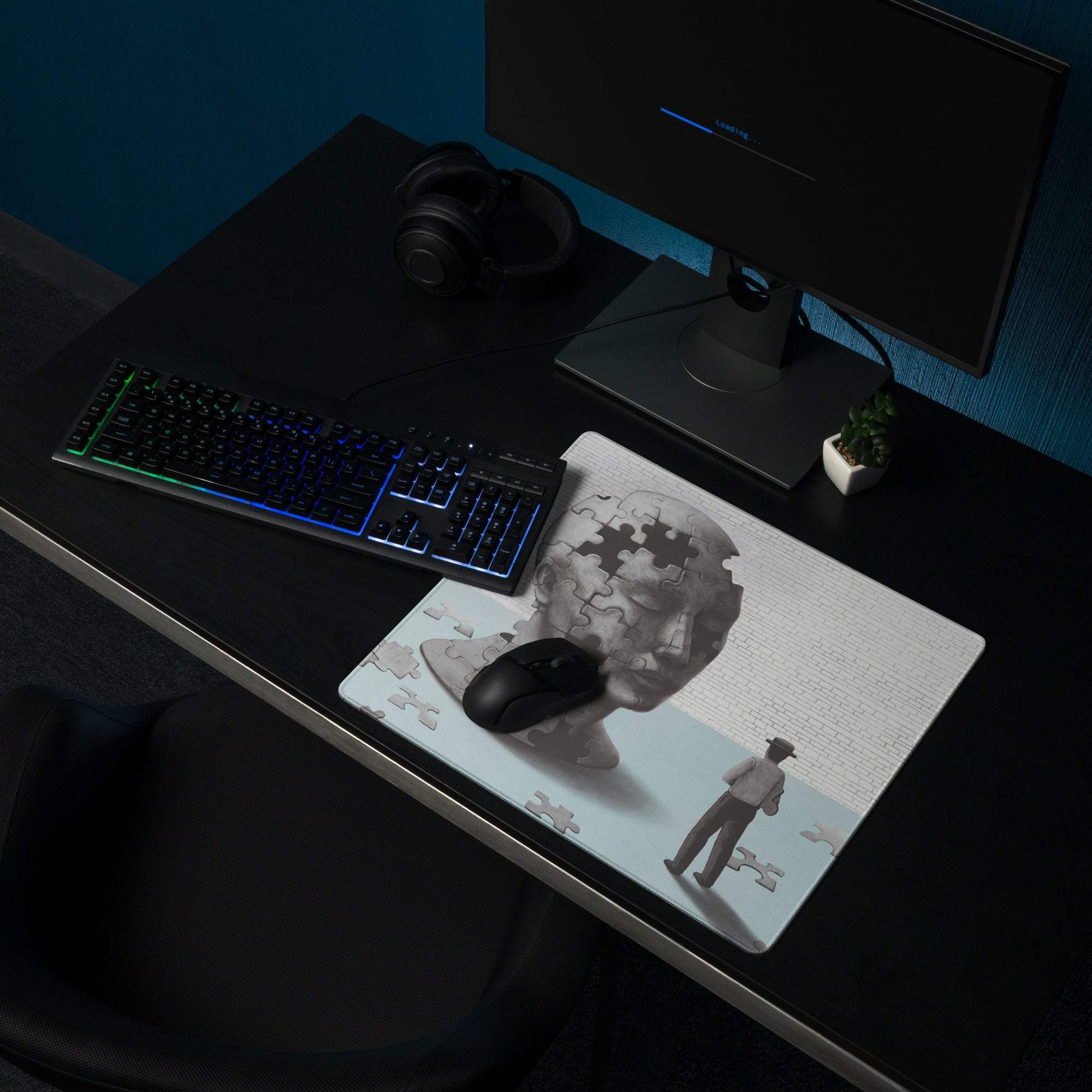 Puzzle Head Artwork Mouse Pad Gray Blue Moody Desk Accessory 36x18 Inch Modern Surreal Style