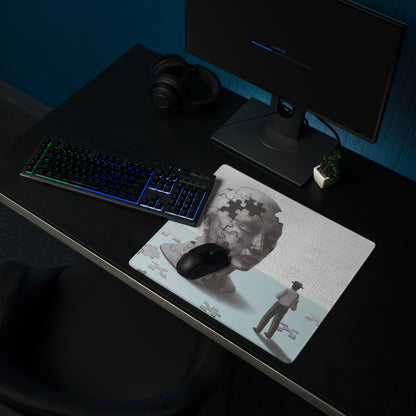 Puzzle Head Artwork Mouse Pad Gray Blue Moody Desk Accessory 36x18 Inch Modern Surreal Style