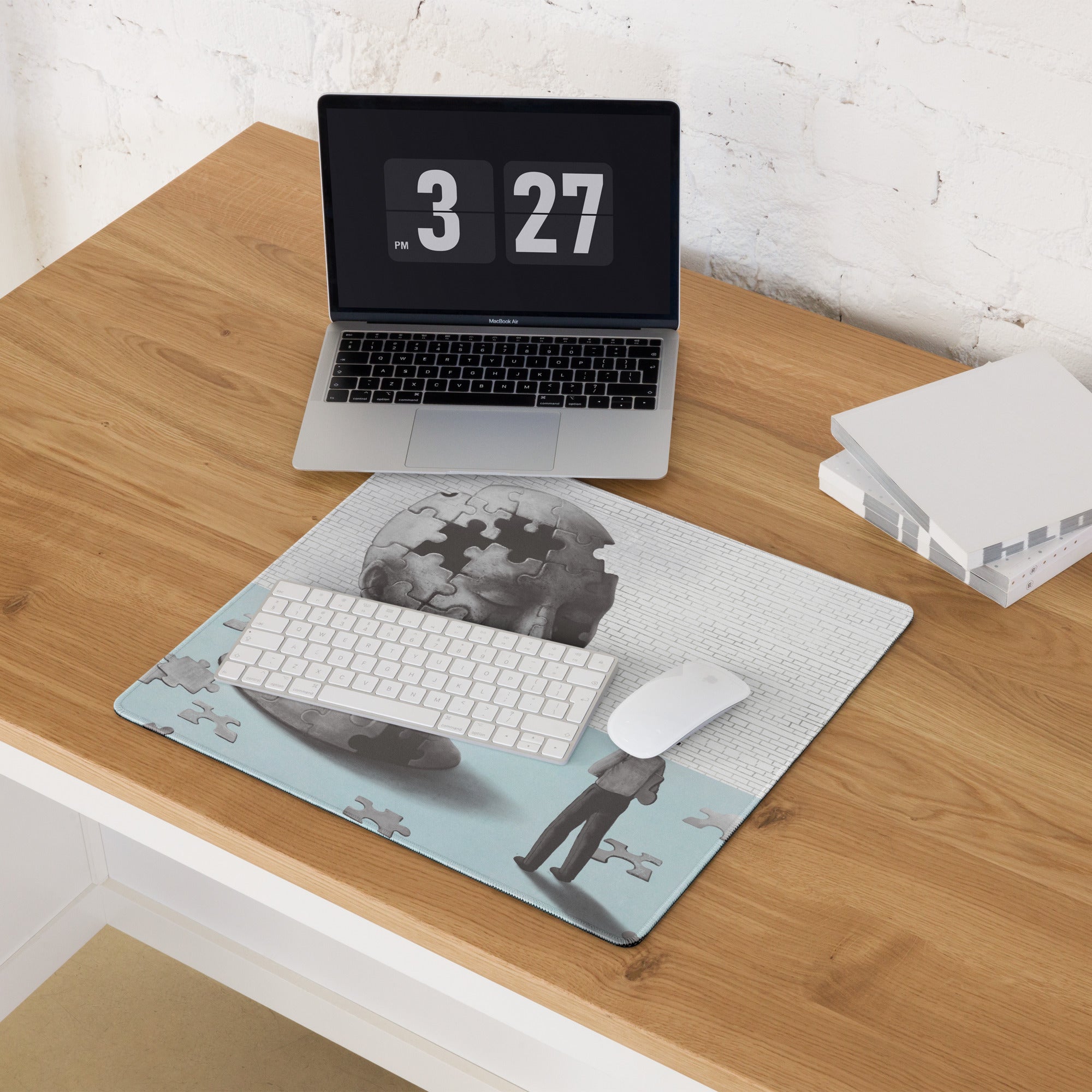 Puzzle Head Artwork Mouse Pad Gray Blue Moody Desk Accessory 36x18 Inch Modern Surreal Style