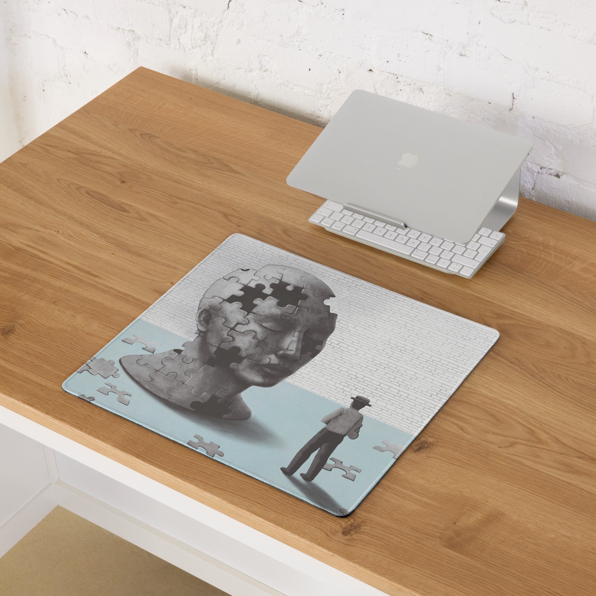 Puzzle Head Artwork Mouse Pad Gray Blue Moody Desk Accessory 36x18 Inch Modern Surreal Style