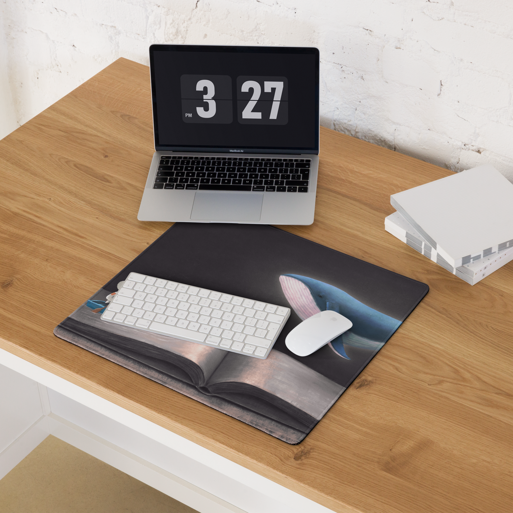 Blue Whale Desk Scene Mouse Pad - Blue Whale Desk Pad Home Office Contemporary Whimsical Ocean Nautical Art