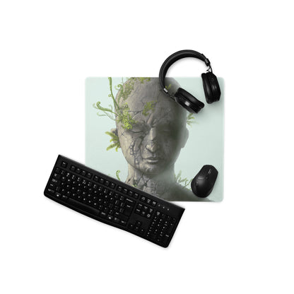 Stone Head Statue Mouse Pad Gray Stone Green Ferns Pale Blue Desk Mat Surreal Botanical Mood Modern Gaming Digital Art