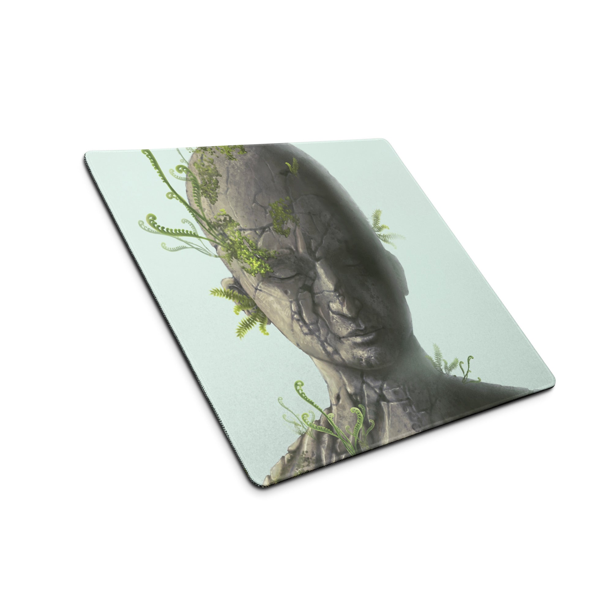 Stone Head Statue Mouse Pad Gray Stone Green Ferns Pale Blue Desk Mat Surreal Botanical Mood Modern Gaming Digital Art