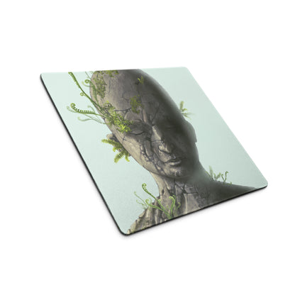 Stone Head Statue Mouse Pad Gray Stone Green Ferns Pale Blue Desk Mat Surreal Botanical Mood Modern Gaming Digital Art