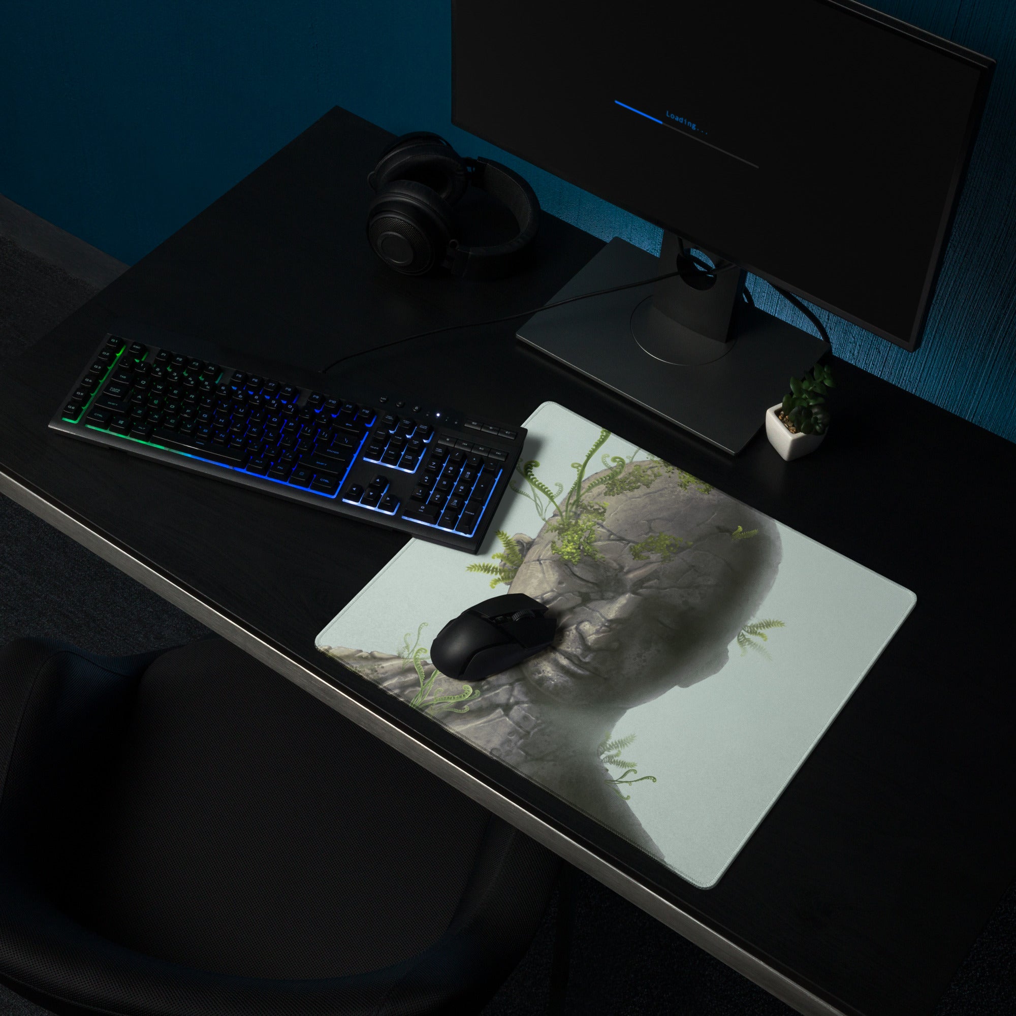 Stone Head Statue Mouse Pad Gray Stone Green Ferns Pale Blue Desk Mat Surreal Botanical Mood Modern Gaming Digital Art