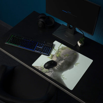 Stone Head Statue Mouse Pad Gray Stone Green Ferns Pale Blue Desk Mat Surreal Botanical Mood Modern Gaming Digital Art