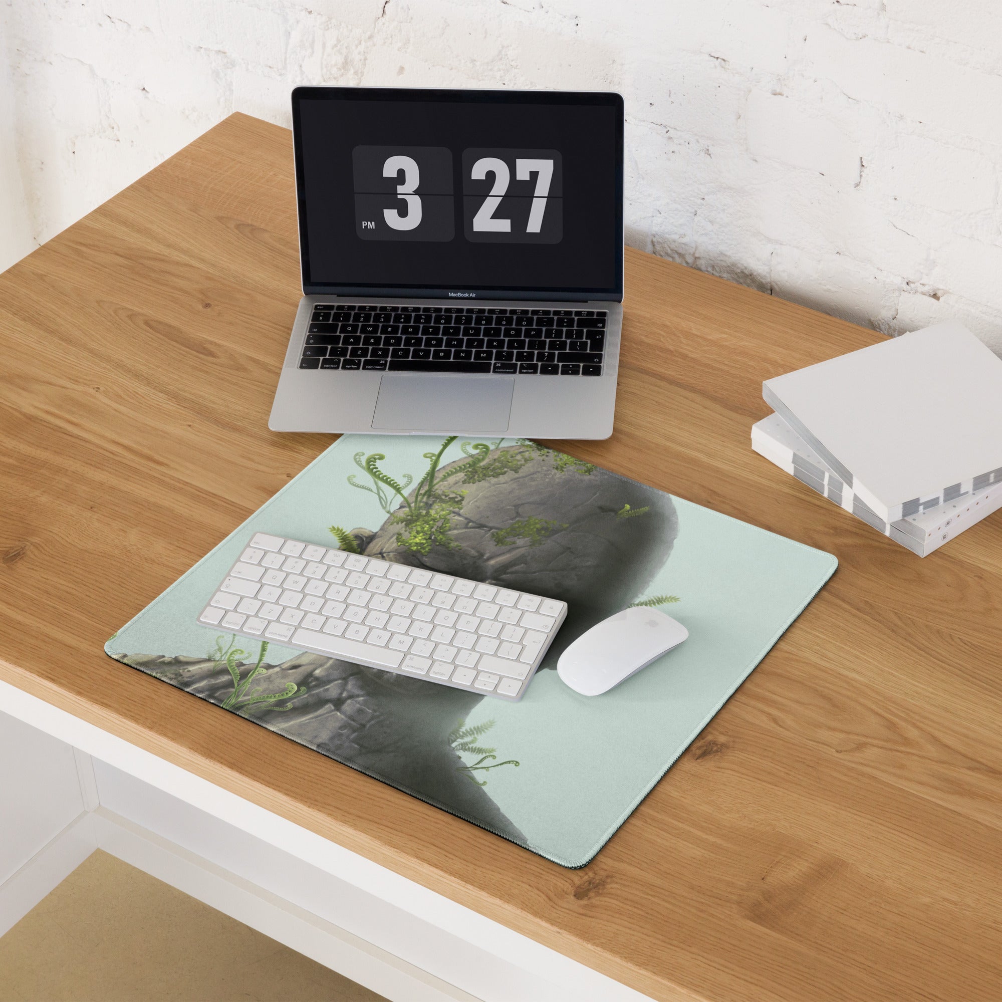 Stone Head Statue Mouse Pad Gray Stone Green Ferns Pale Blue Desk Mat Surreal Botanical Mood Modern Gaming Digital Art