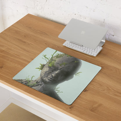Stone Head Statue Mouse Pad Gray Stone Green Ferns Pale Blue Desk Mat Surreal Botanical Mood Modern Gaming Digital Art