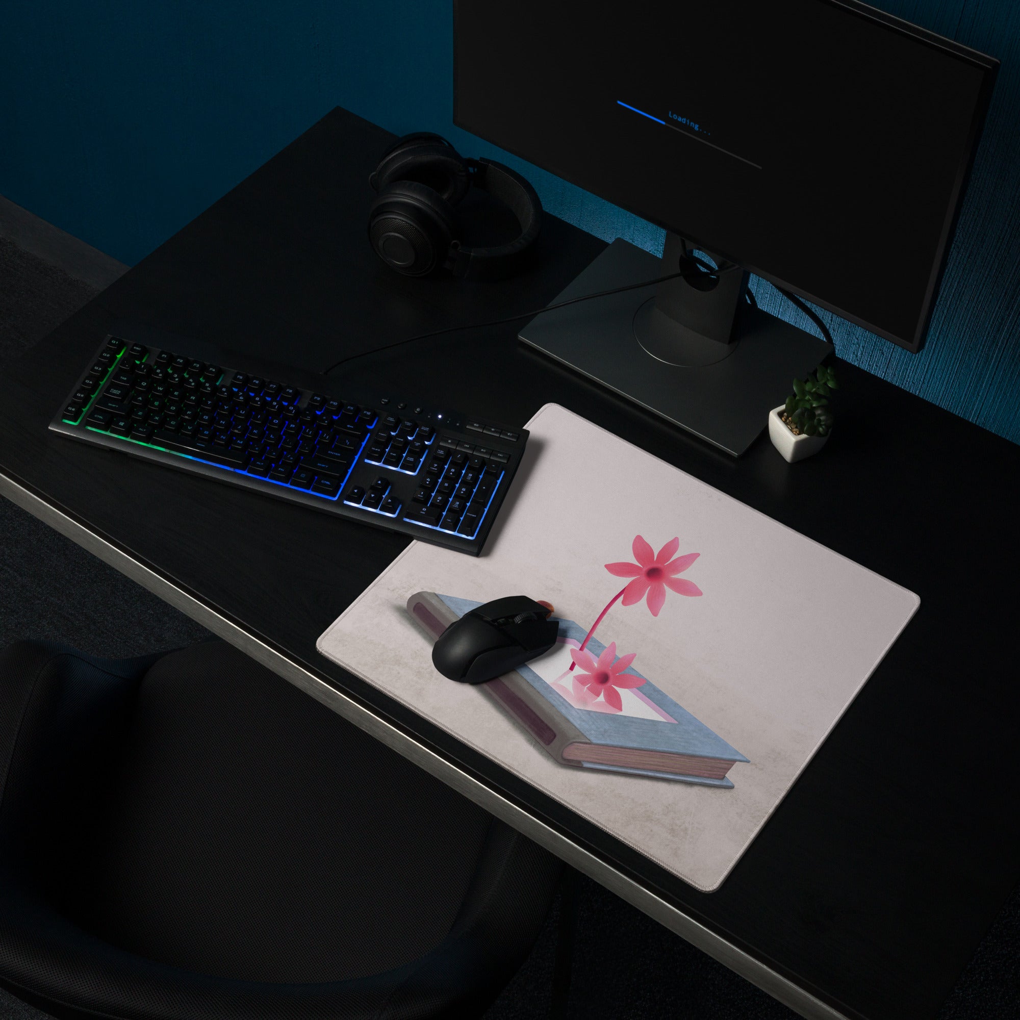 Pink Floral Mouse Pad For Home Office Desk Contemporary Modern, Whimsical Mood, Large Desk Surface, Digital Illustration
