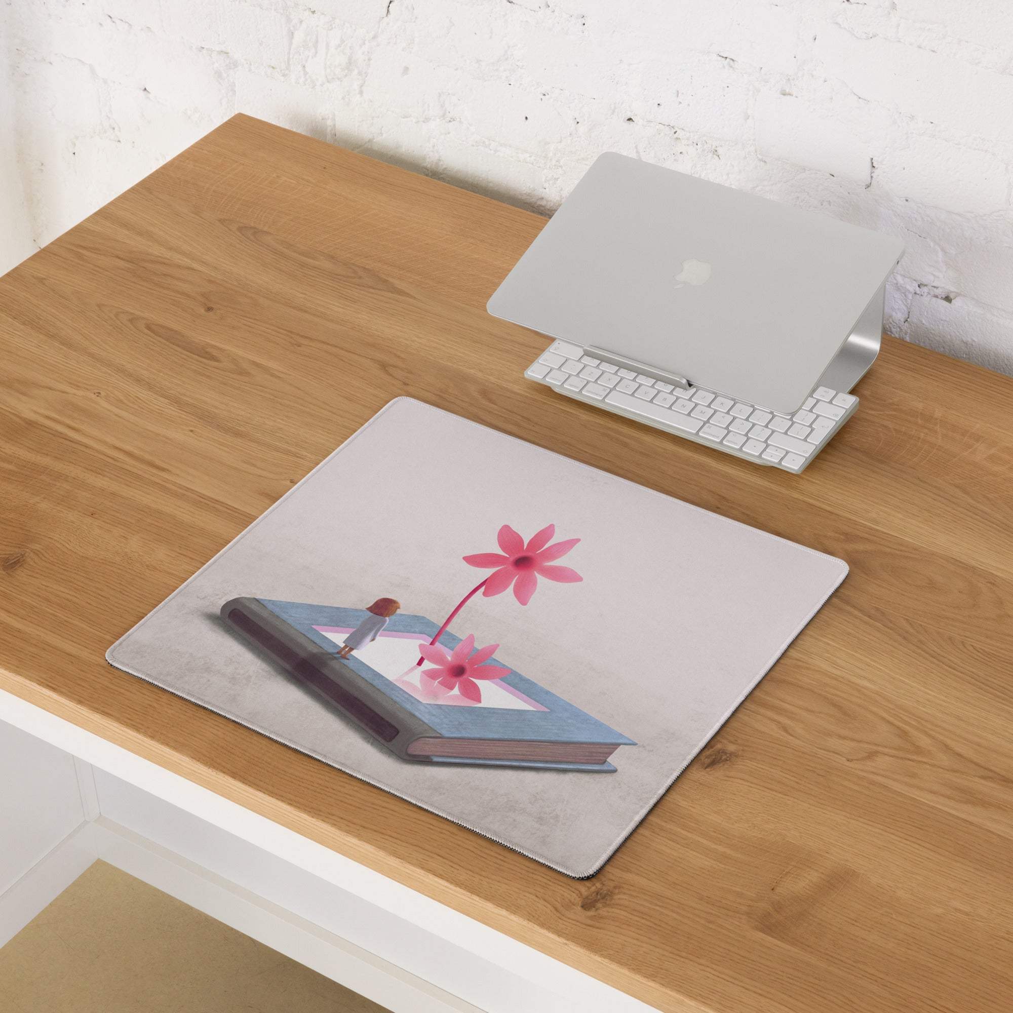 Pink Floral Mouse Pad For Home Office Desk Contemporary Modern, Whimsical Mood, Large Desk Surface, Digital Illustration