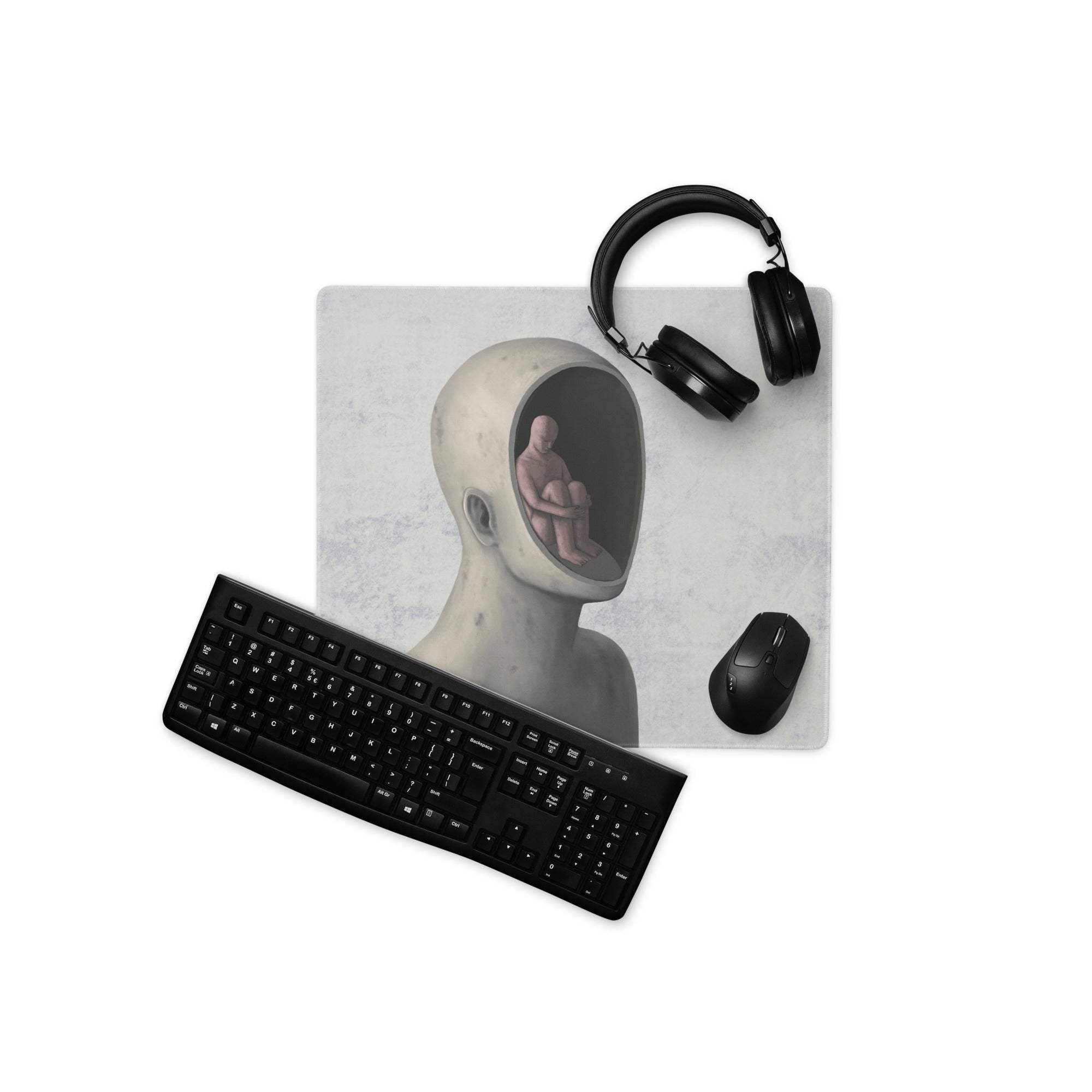 Surreal Gray and Blue Desk Art Mouse Pad for Modern Office, Contemporary Style Thoughtful Mood Digital Art Print