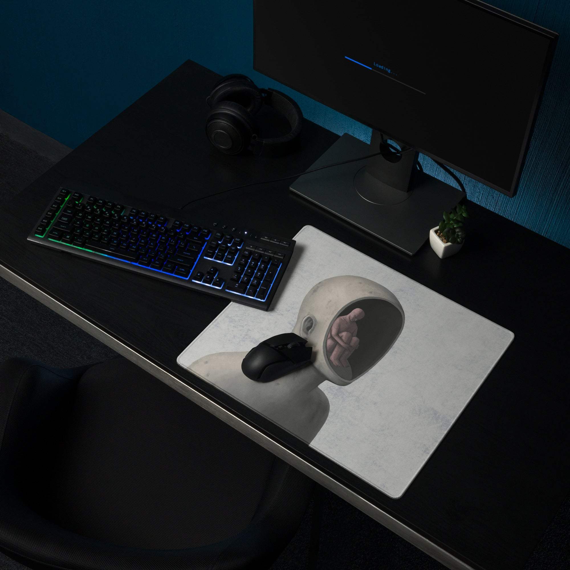 White mouse pad with grayscale hand emerging from astronaut helmet digital art for modern surreal desk decor