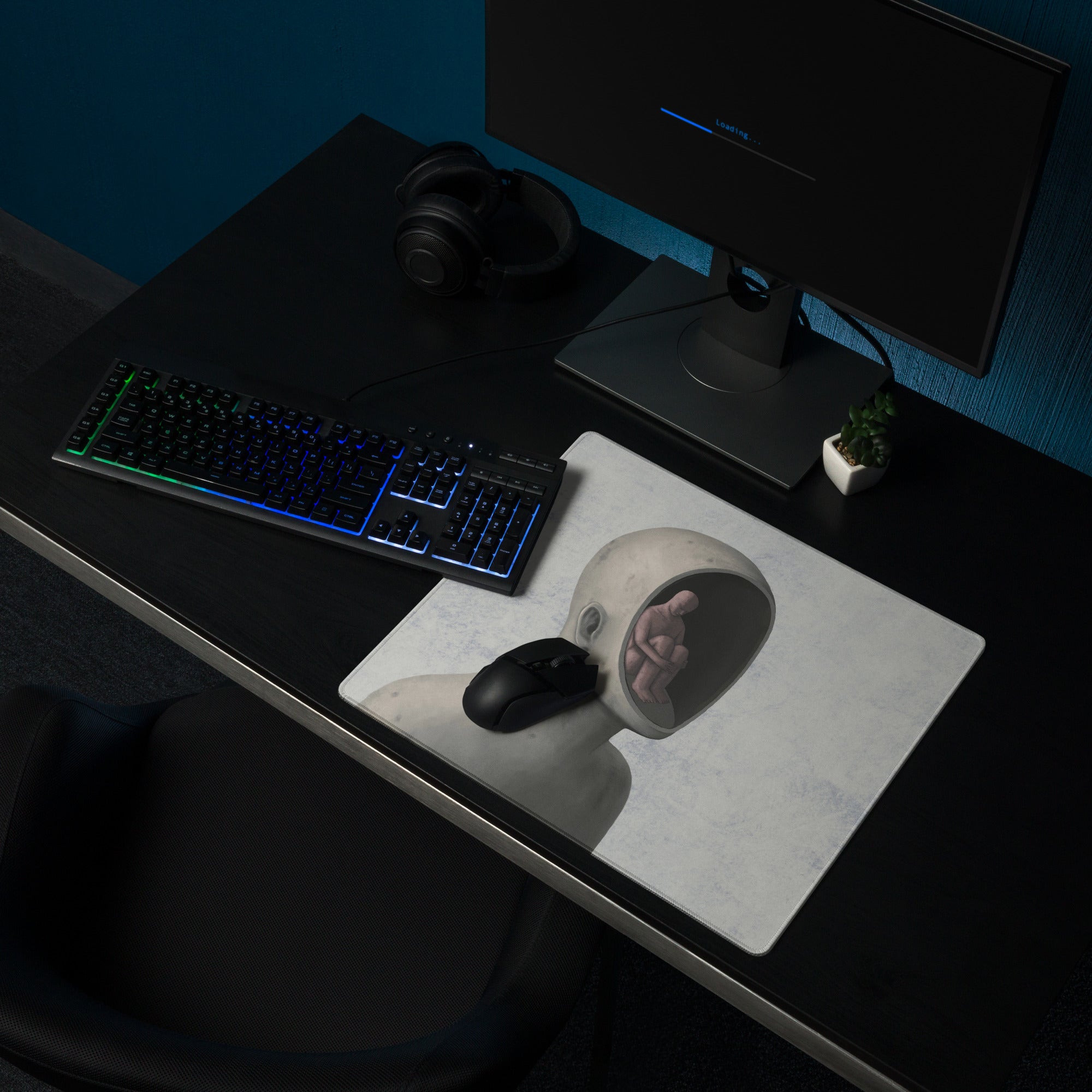 Surreal Gray and Blue Desk Art Mouse Pad for Modern Office, Contemporary Style Thoughtful Mood Digital Art Print