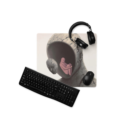 Abstract Hooded Figure Desk Pad - Hooded Figure Gray Pink Home Office Surreal Mood Desk Pad Mouse Pad Digital Art