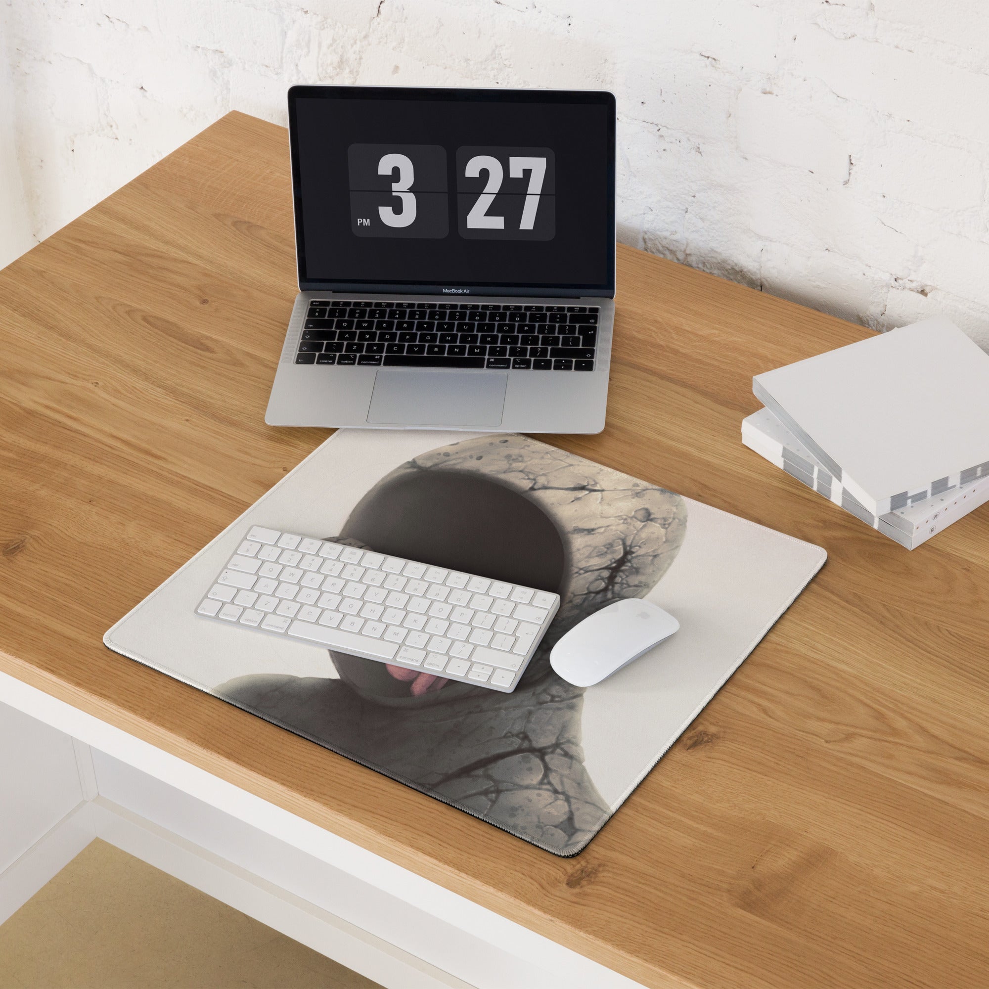 Abstract Hooded Figure Desk Pad - Hooded Figure Gray Pink Home Office Surreal Mood Desk Pad Mouse Pad Digital Art