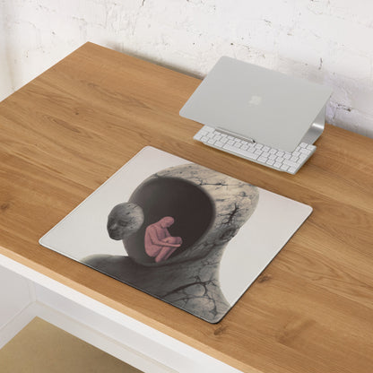 Abstract Hooded Figure Desk Pad - Hooded Figure Gray Pink Home Office Surreal Mood Desk Pad Mouse Pad Digital Art