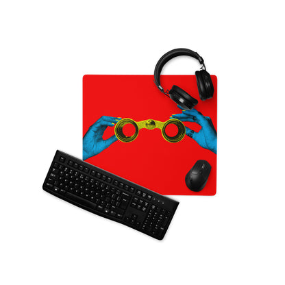 Blue Hands Holding Binoculars On Red Background Desktop Pop Art Mouse Pad Vibrant Graphic Desk Accessory Digital Print