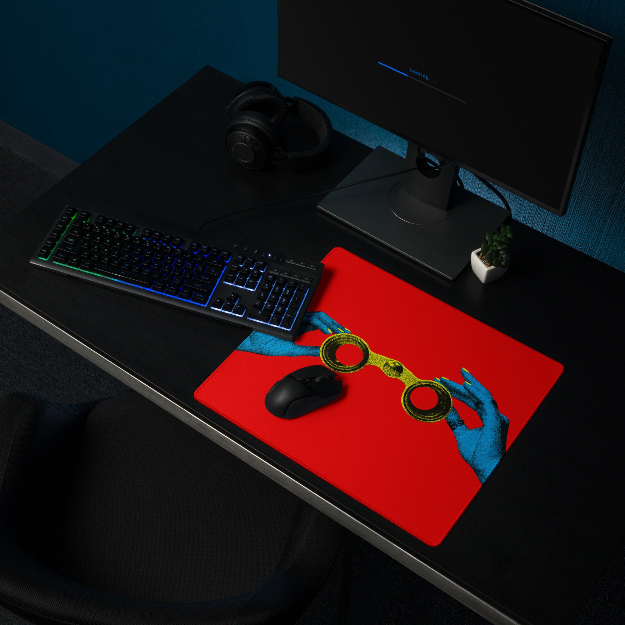 Blue Hands Holding Binoculars On Red Background Desktop Pop Art Mouse Pad Vibrant Graphic Desk Accessory Digital Print