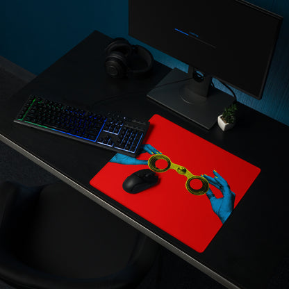 Blue Hands Holding Binoculars On Red Background Desktop Pop Art Mouse Pad Vibrant Graphic Desk Accessory Digital Print