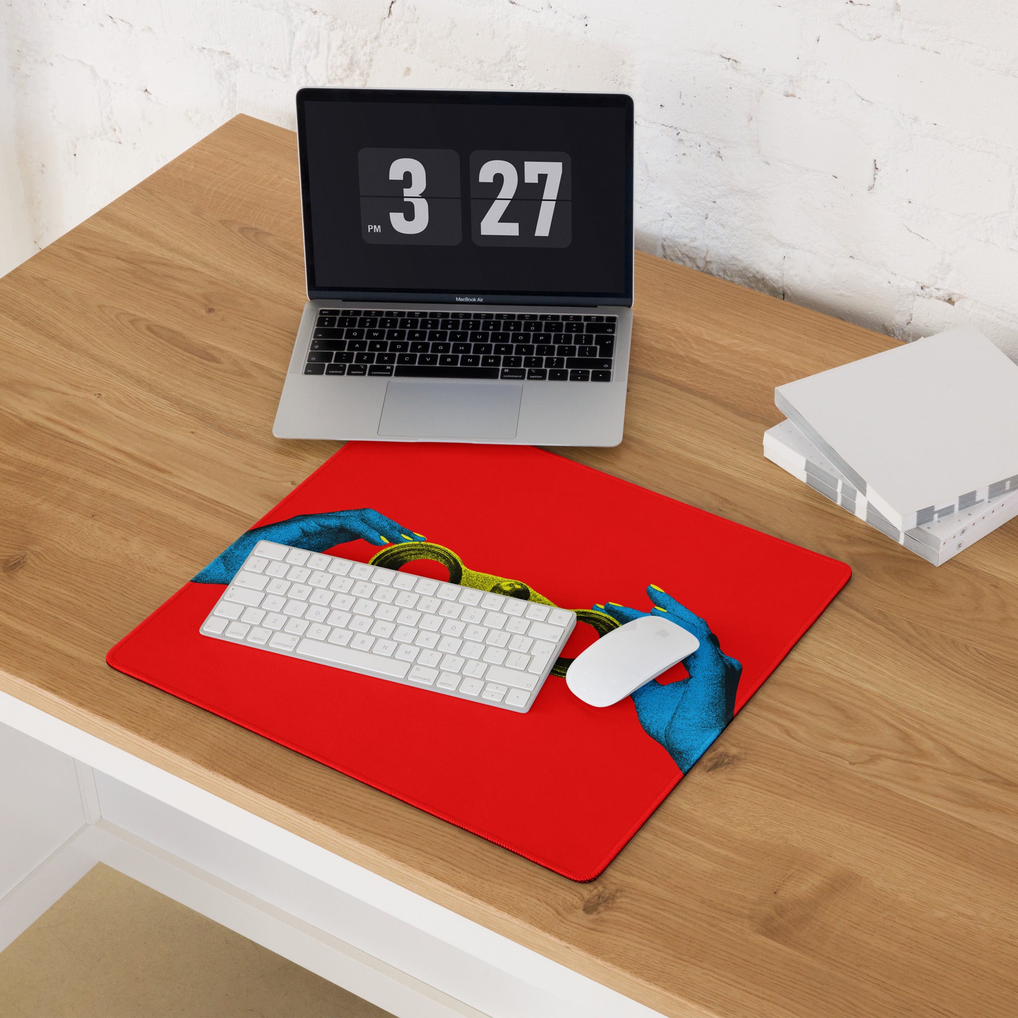 Blue Hands Holding Binoculars On Red Background Desktop Pop Art Mouse Pad Vibrant Graphic Desk Accessory Digital Print