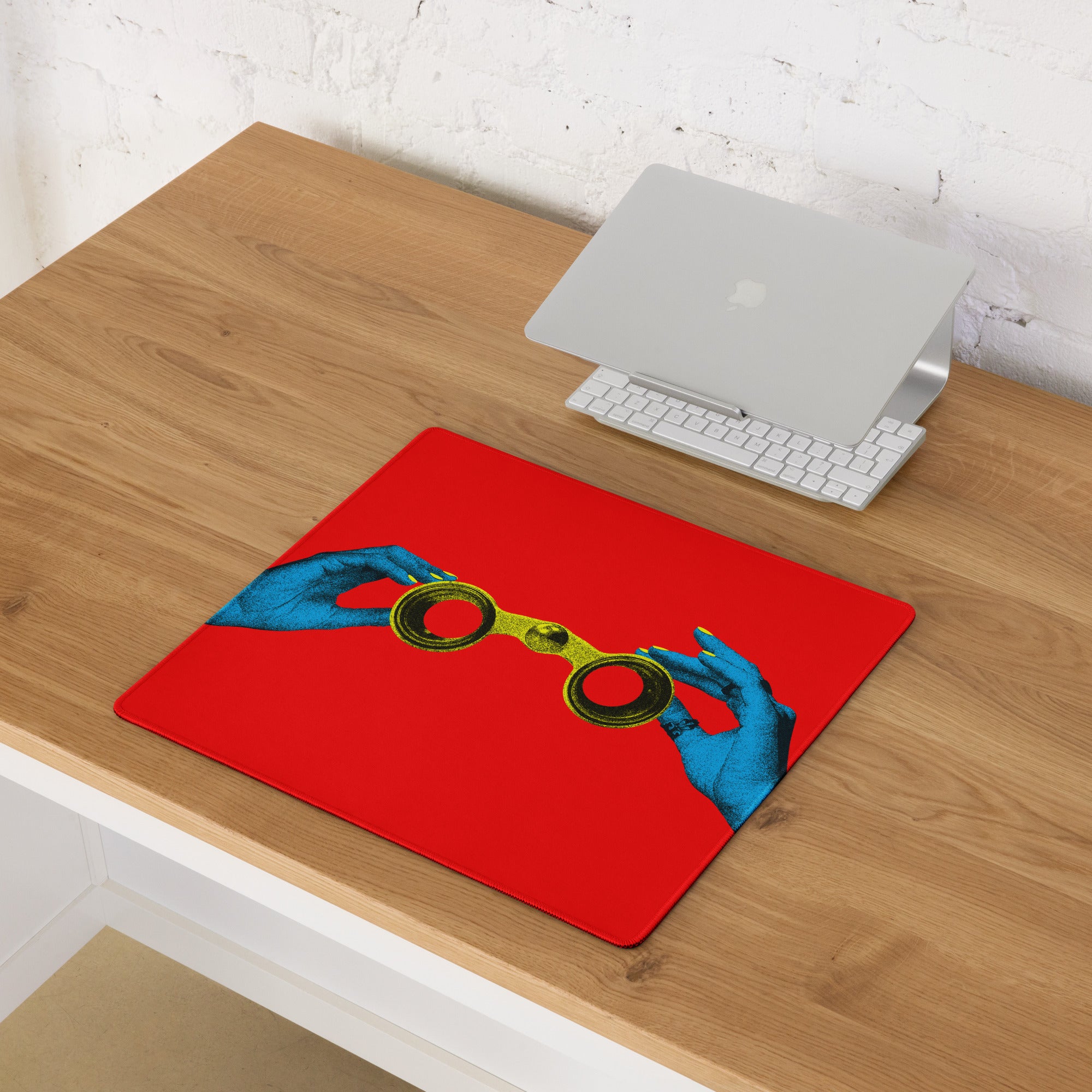 Blue Hands Holding Binoculars On Red Background Desktop Pop Art Mouse Pad Vibrant Graphic Desk Accessory Digital Print