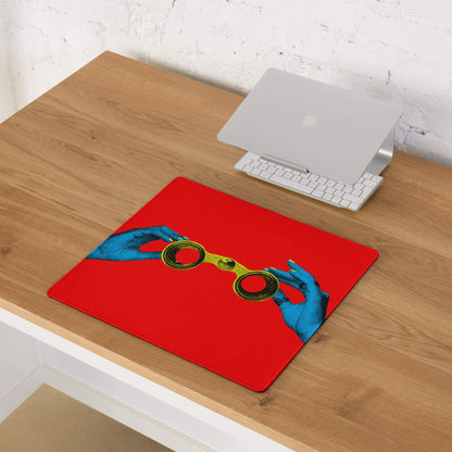 Blue Hands Holding Binoculars On Red Background Desktop Pop Art Mouse Pad Vibrant Graphic Desk Accessory Digital Print