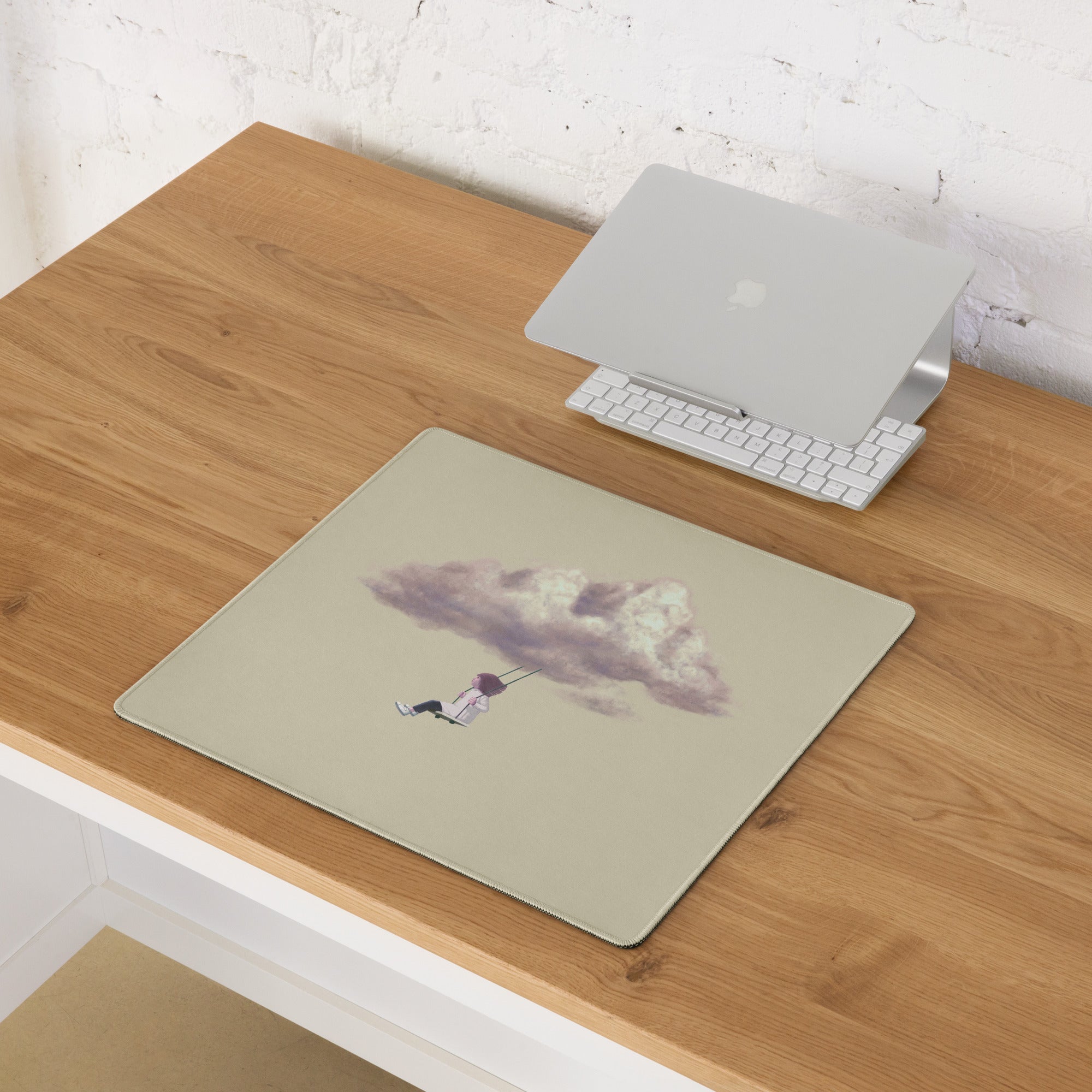 Pastel Beige Cloud Swing Illustration Mouse Pad For Desk Contemporary Minimalist Home Office