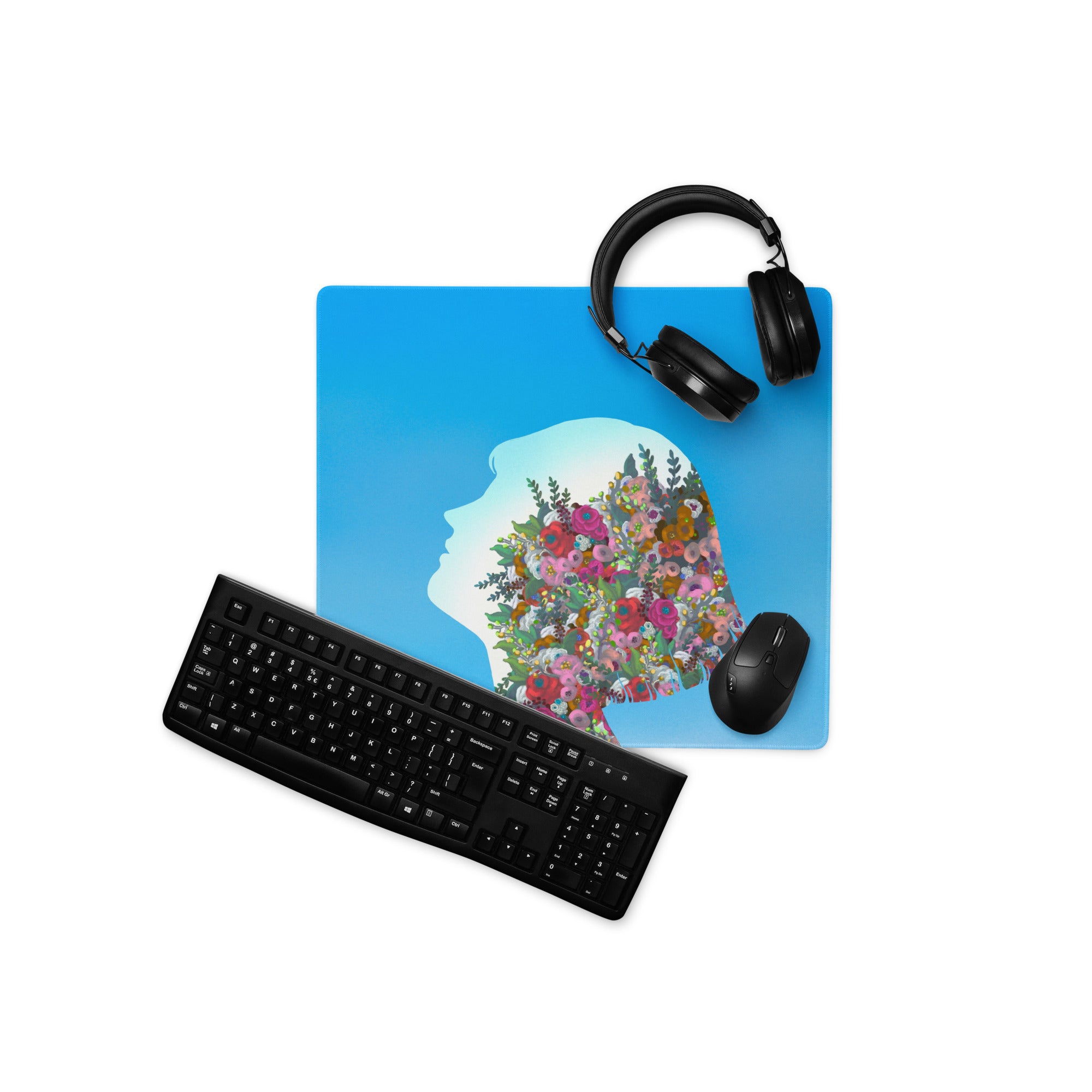 Blue Floral Silhouette Mouse Pad Contemporary Desk Decor Colorful Garden Collage Artwork Digital Illustration