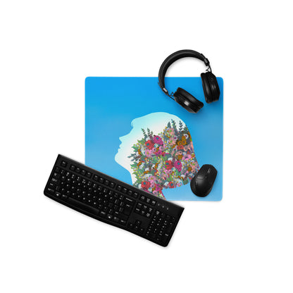 Blue Floral Silhouette Mouse Pad Contemporary Desk Decor Colorful Garden Collage Artwork Digital Illustration