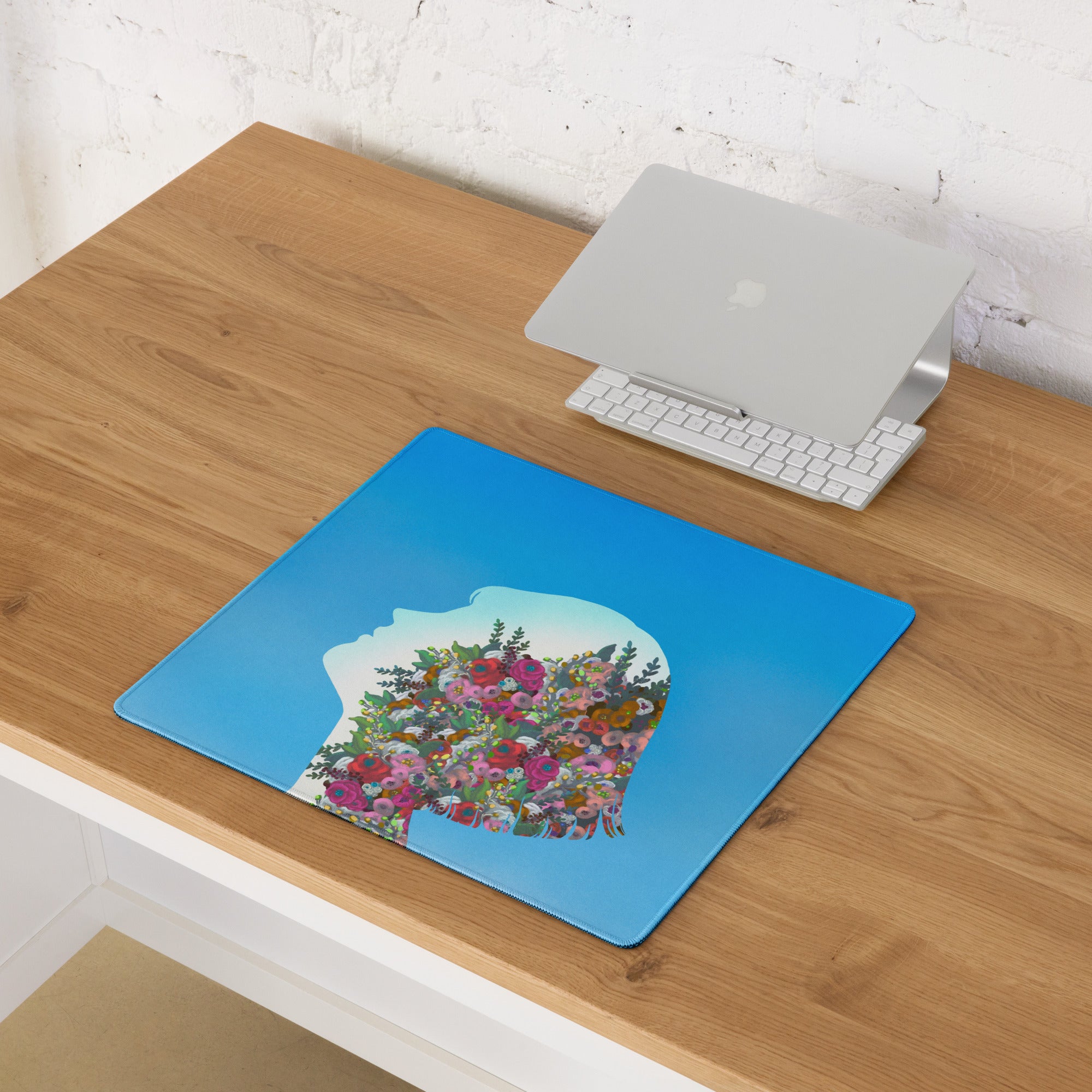 Blue Floral Silhouette Mouse Pad Contemporary Desk Decor Colorful Garden Collage Artwork Digital Illustration