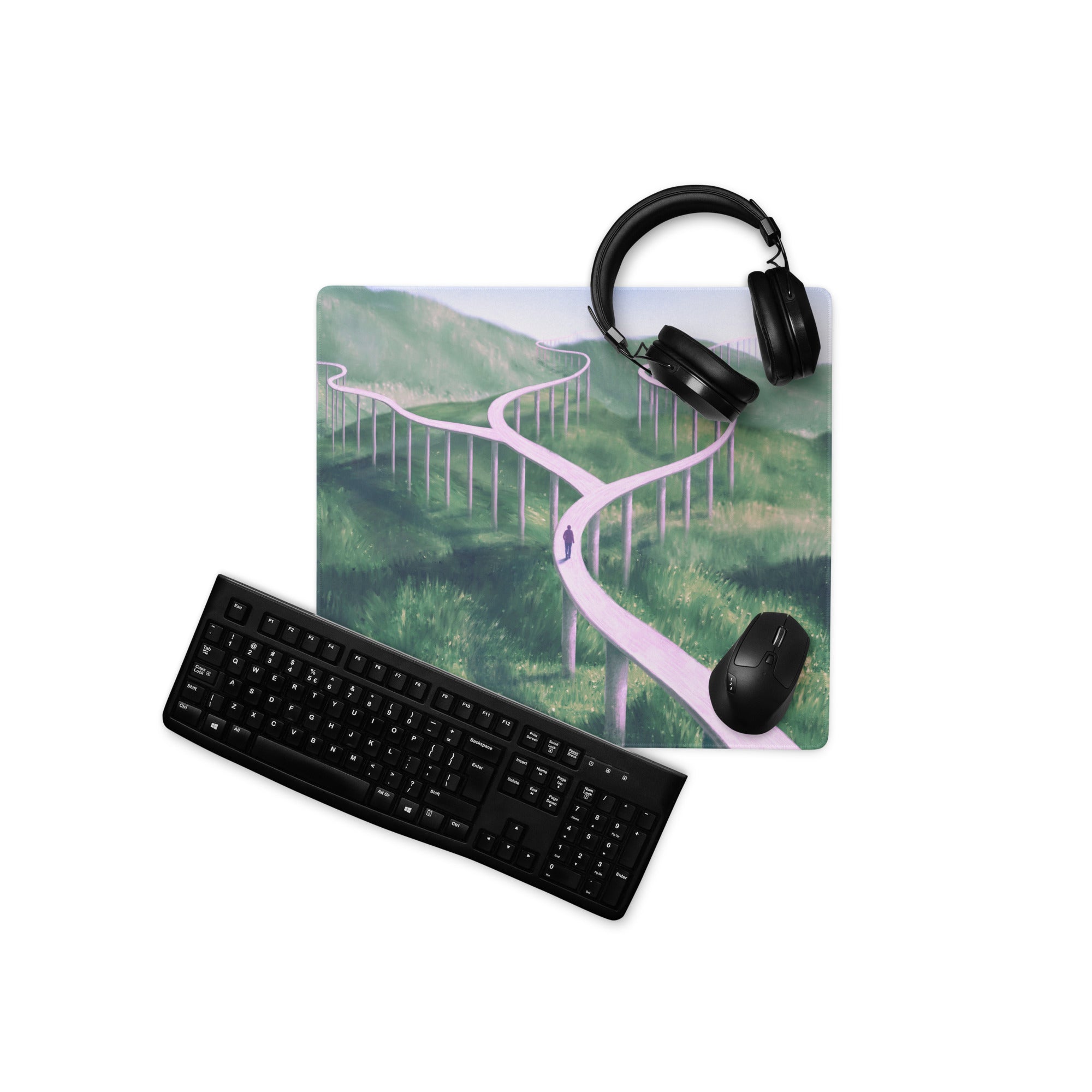 Pastel Pink Path Landscape Mouse Pad - Landscape Mouse Pad Pastel Pink Green Office Desk Contemporary Art Soothing Mood