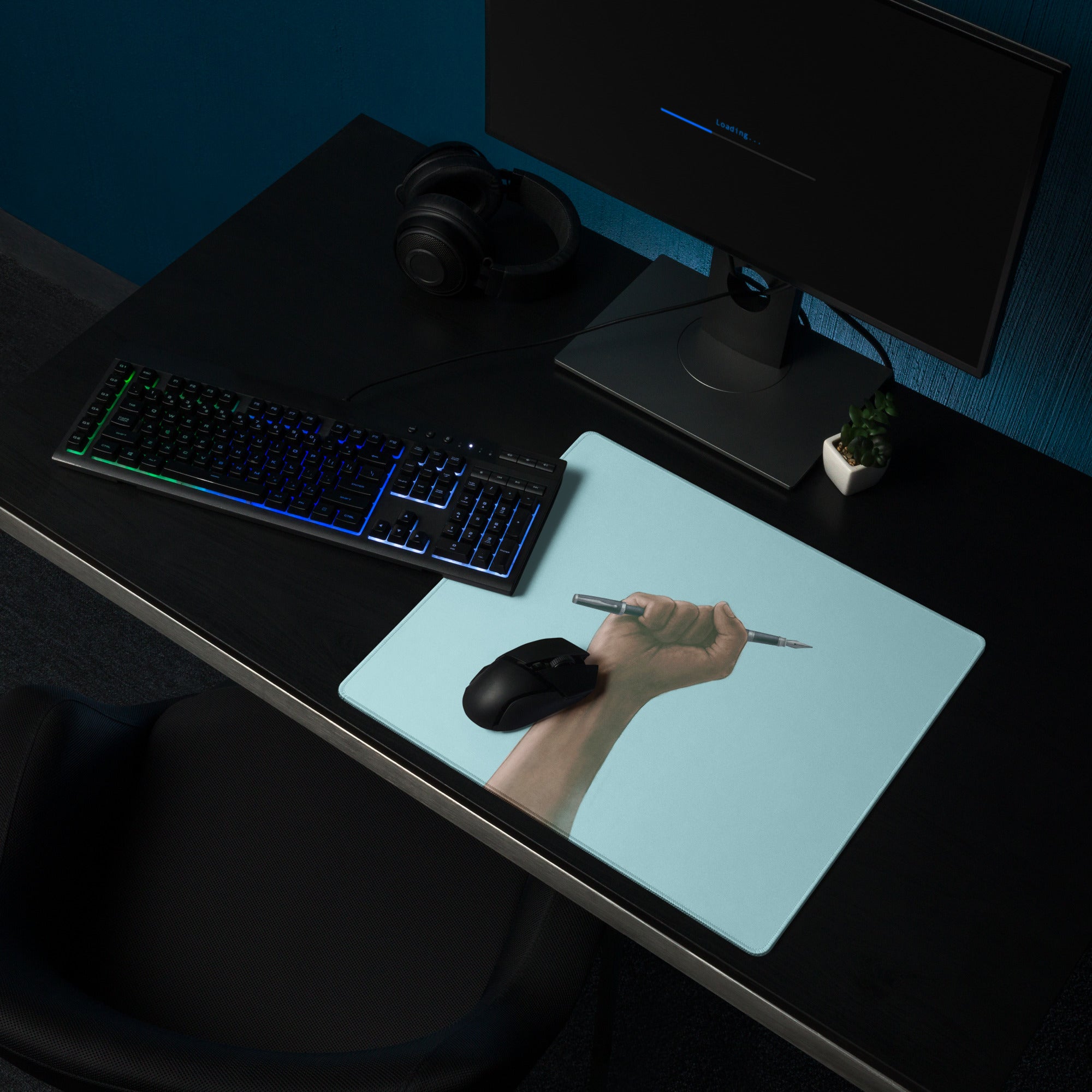 Hand Holding Pen Illustration Mouse Pad Sky Blue Desk Accessory Modern Office Decor