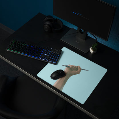 Hand Holding Pen Illustration Mouse Pad Sky Blue Desk Accessory Modern Office Decor