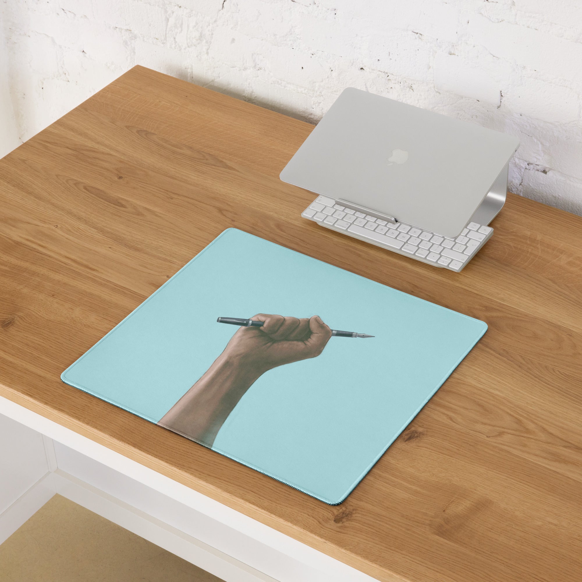 Hand Holding Pen Illustration Mouse Pad Sky Blue Desk Accessory Modern Office Decor
