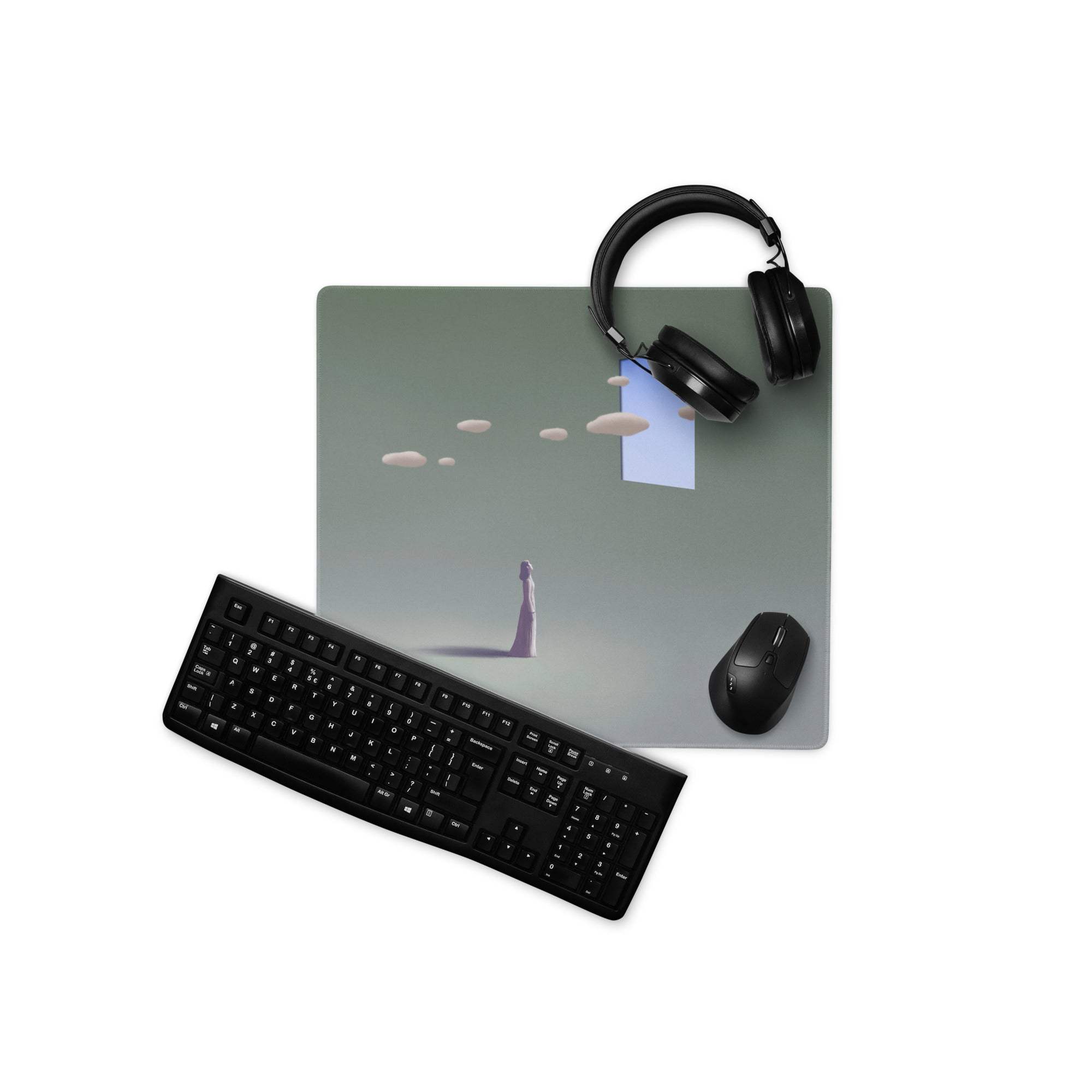 Teal gradient surreal gaming desk pad mouse pad with muted green color and minimalist solitary figure under clouds
