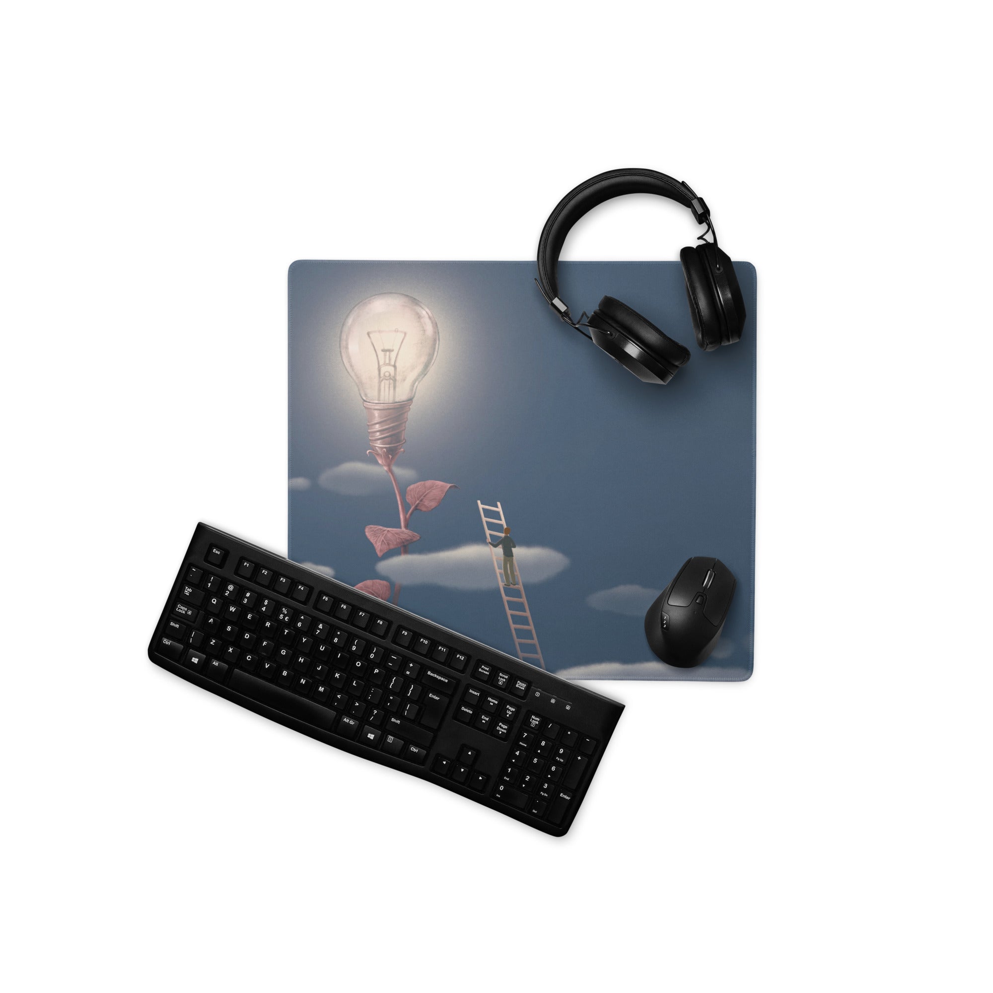 Gaming Mouse Pad Blue Moonlight Desk Mat For Modern Office Surreal Lightbulb Contemporary Artwork Style