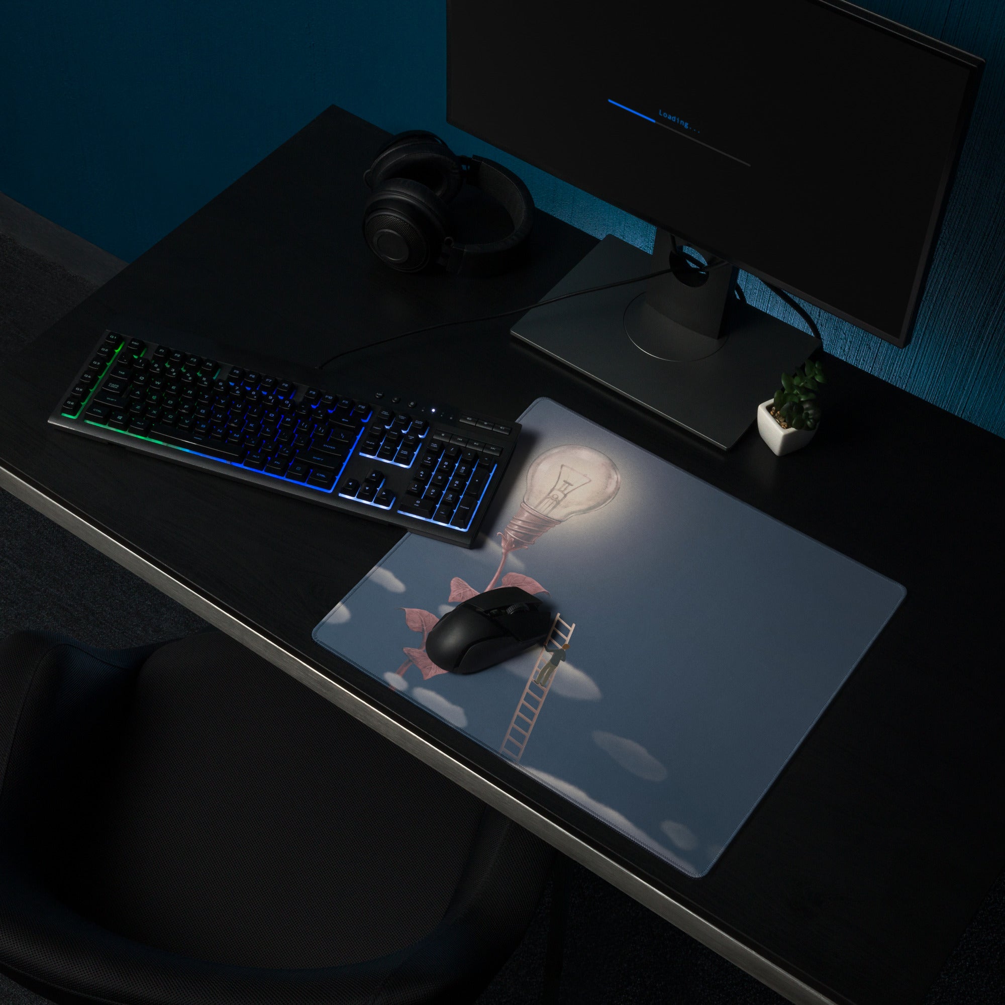 Gaming Mouse Pad Blue Moonlight Desk Mat For Modern Office Surreal Lightbulb Contemporary Artwork Style