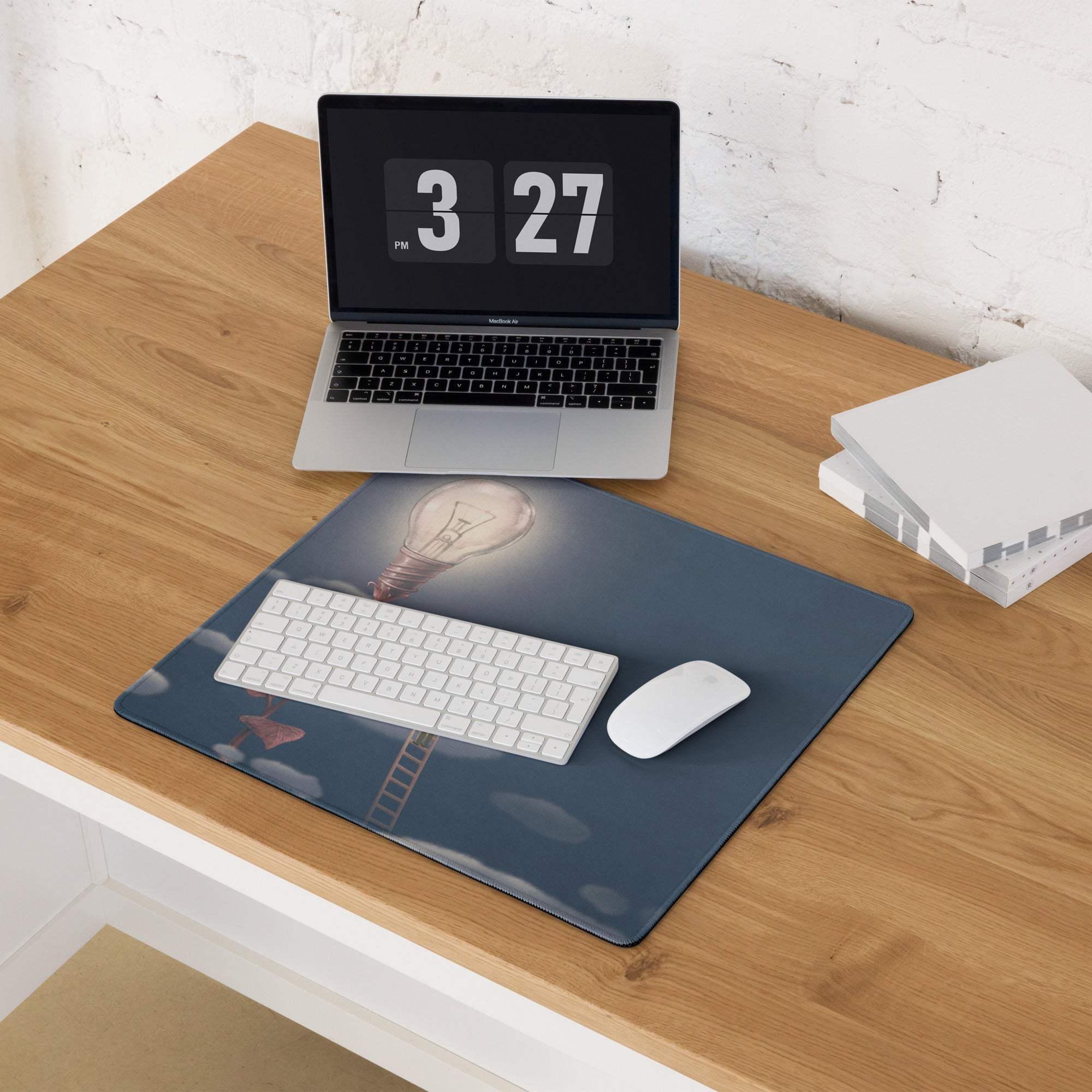 Gaming Mouse Pad Blue Moonlight Desk Mat For Modern Office Surreal Lightbulb Contemporary Artwork Style