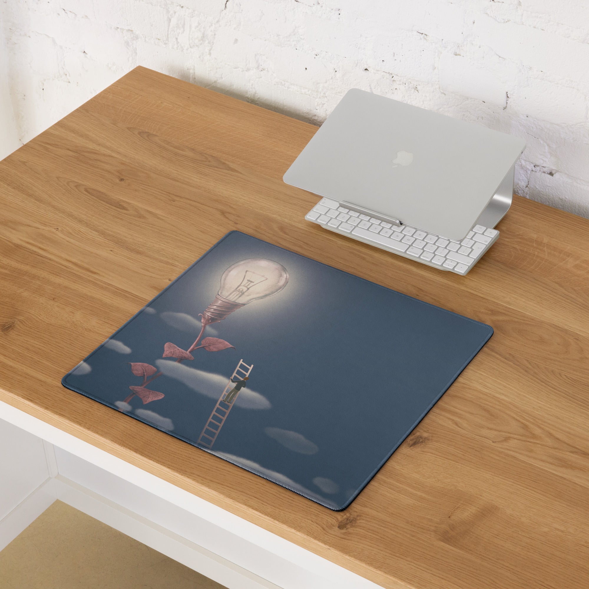 Gaming Mouse Pad Blue Moonlight Desk Mat For Modern Office Surreal Lightbulb Contemporary Artwork Style