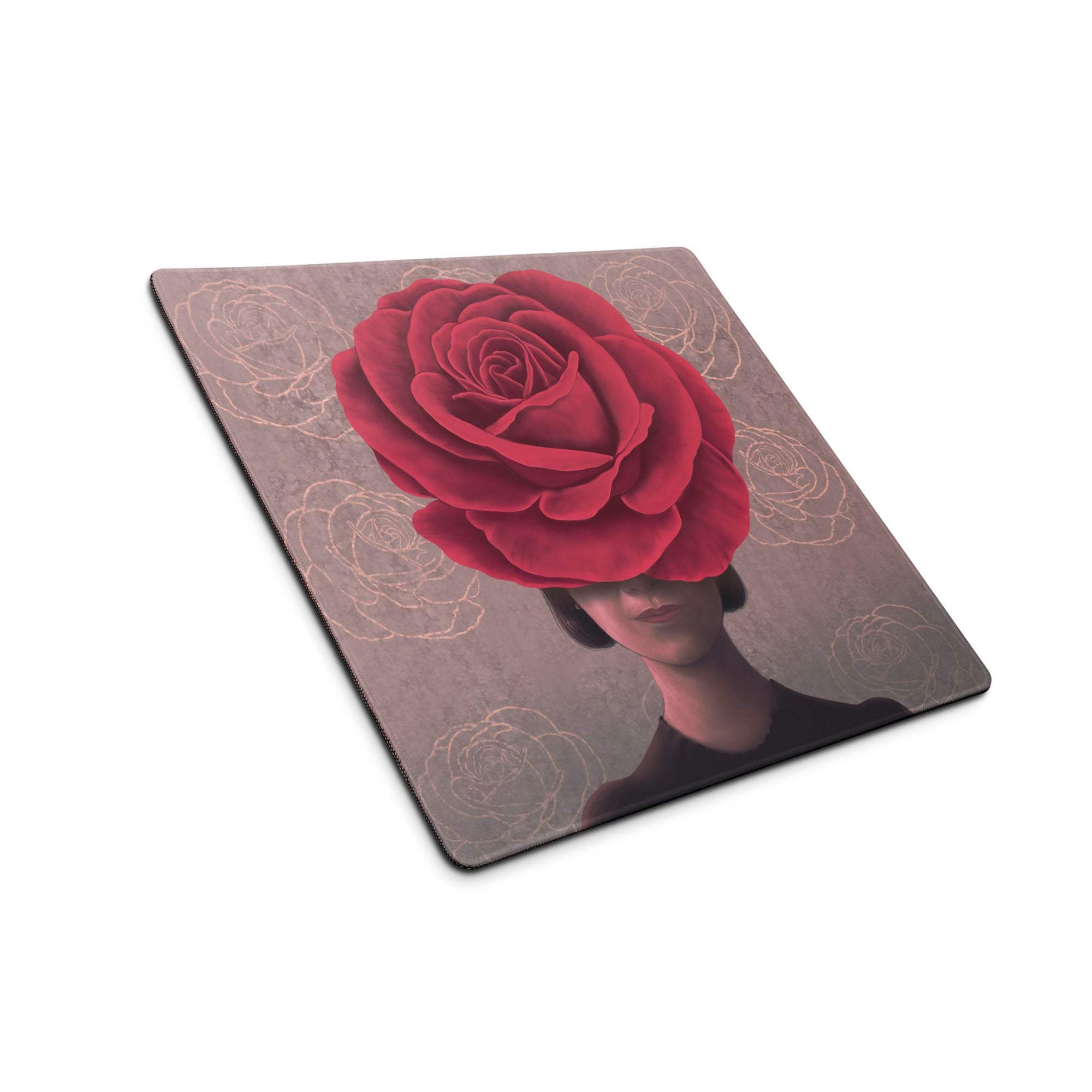 A rectangular rose headpiece art mouse pad with a vibrant red rose illustration on taupe floral background for desk decor