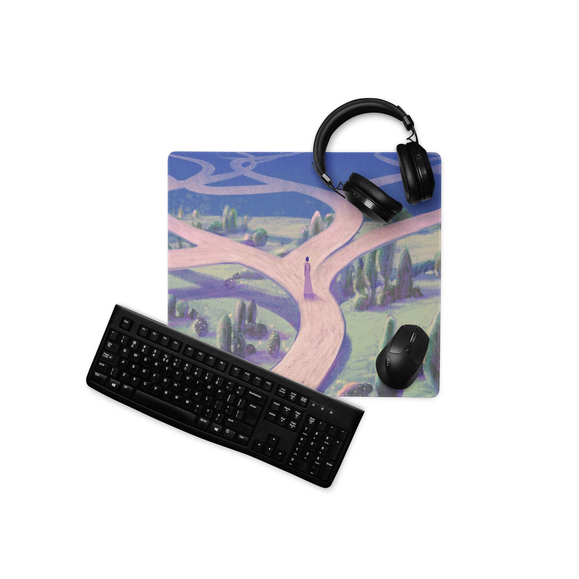 A rectangular mousepad with whimsical pink roads on a soft blue and purple landscape featuring black headphones