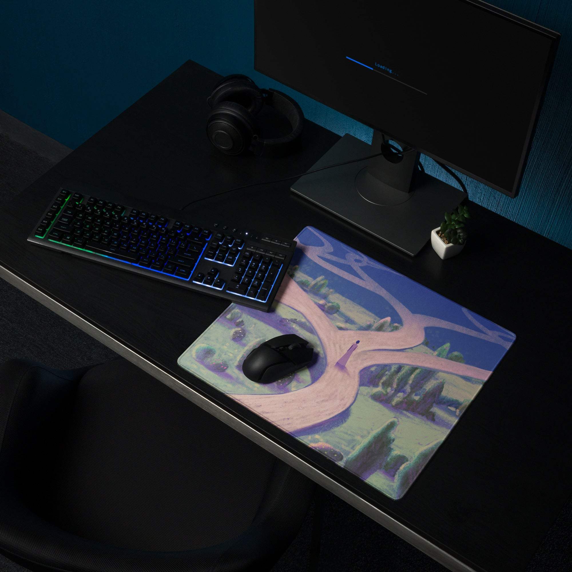 Oversized Gaming Mouse Pad 36x18 Inches Blue Purple Dreamy Abstract Landscape For Modern Home Office Decor Digital Art