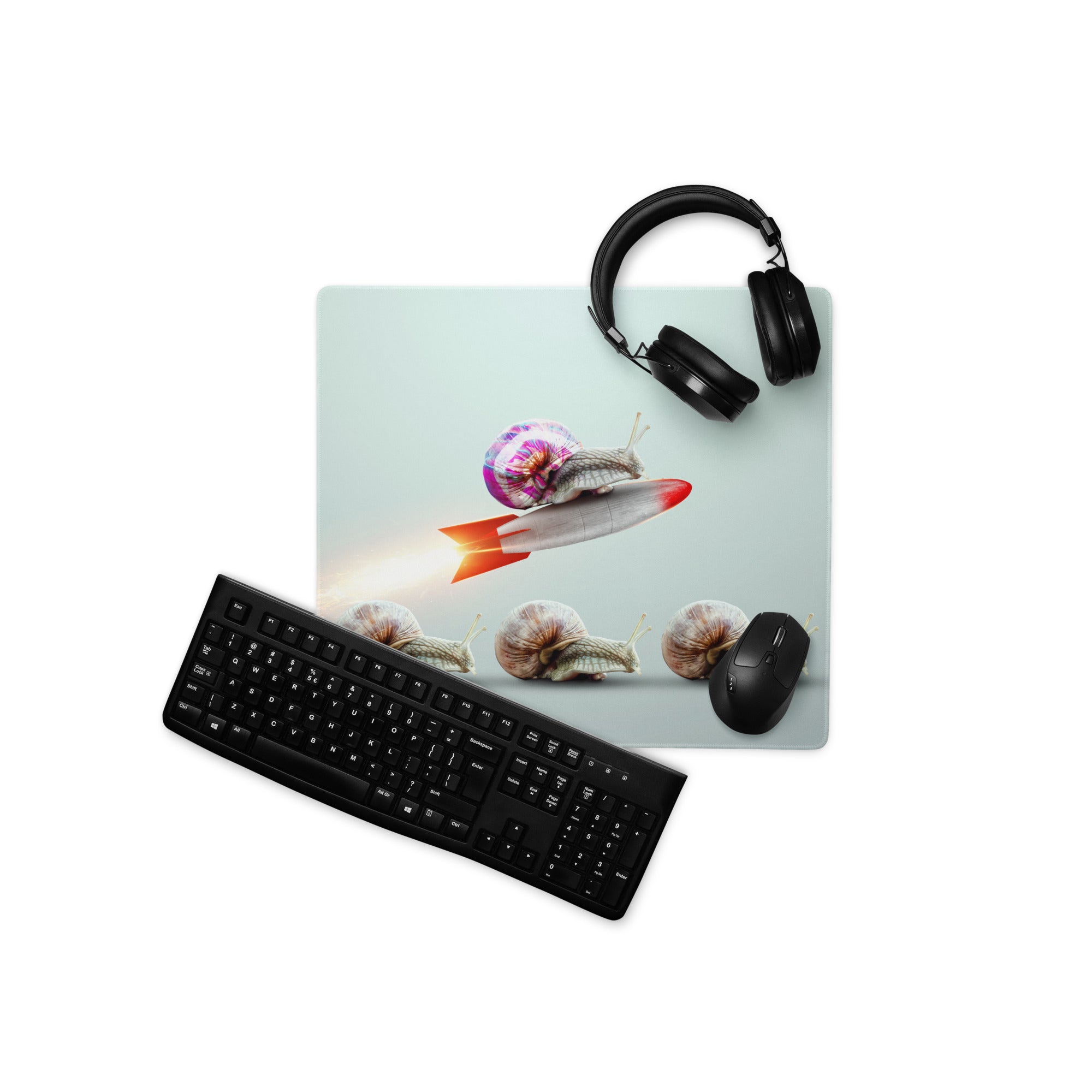 Pastel Snail Rocket Desk Pad For Desk Setup Surreal Art - Whimsical Mood Modern Minimal Extended Mouse Pad Digital Art