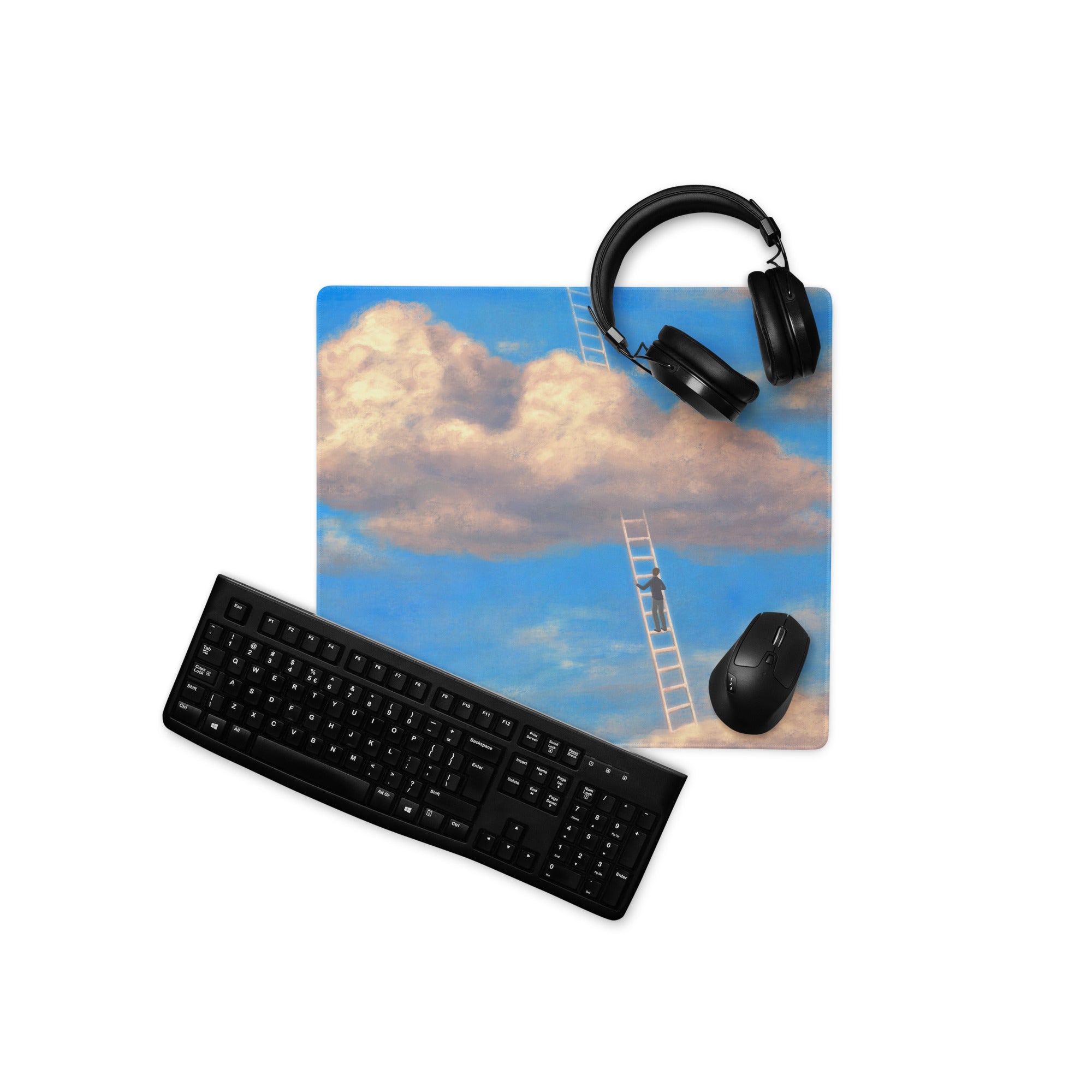 Sky Ladder Blue Sky Clouds Desk Setup Contemporary Oversized Gaming Mouse Pad 36x18 Digital Art