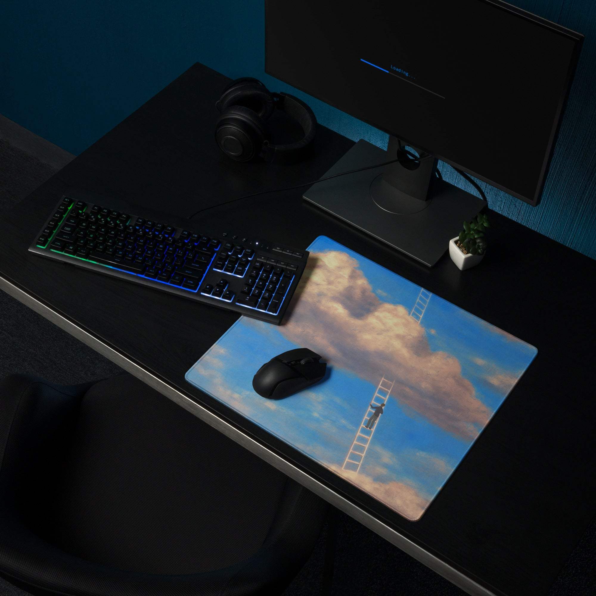 Blue and white cloud-themed desk pad with ladder design oversized 36x18 gaming mouse pad for calm digital art setup