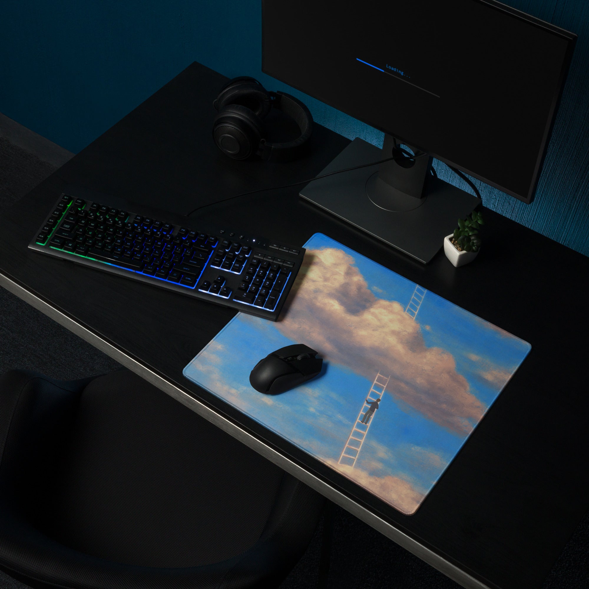 Sky Ladder Blue Sky Clouds Desk Setup Contemporary Oversized Gaming Mouse Pad 36x18 Digital Art